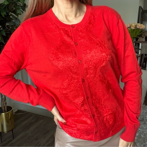 Marie Lund Vtg Red Long Sleeves Button Lace Knit Cardigan Sweater Holidays XL - Picture 2 of 14
